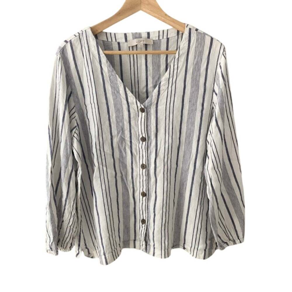 LOFT Ann Taylor Linen Blend Striped V Neck Blouse Blue White XL